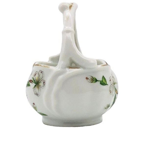 Vintage Lefton Porcelain Trinket Basket Hand Painted Dogwood Flowers Gilt Japan - Picture 4 of 9